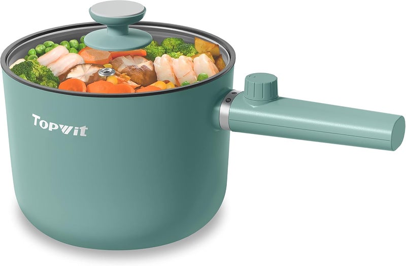 TopWit Hot Pot Electric, 1.5L Ramen Cooker, Portable Non-Stick Frying Pan, Hot Pot for Pasta, Steak, BPA Free, Electric Cooker with Dual Power Control, Over-Heating & Boil Dry Protection, Green - Image 1